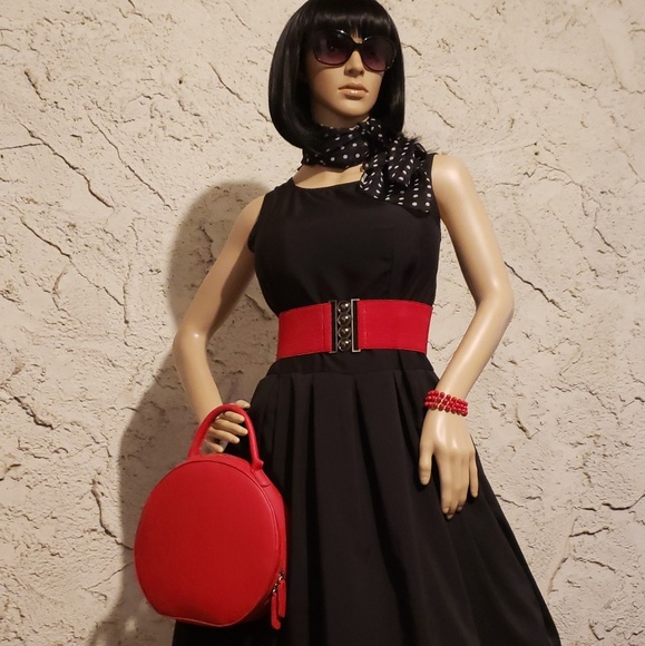 New black dress, red belt and polka dot scarf